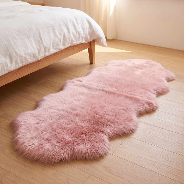 Shaggy Faux Sheepskin Rug in Light Pink – angled high view with sunbeam across floorboards and bed corner