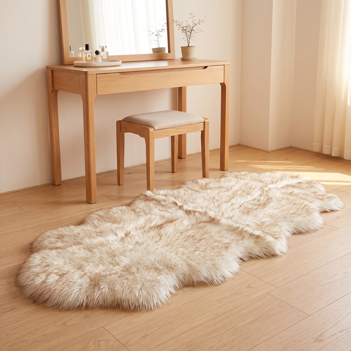 Shaggy Faux Sheepskin Rug in Brown-Tipped White – on a wood floor in front of a vanity table and stool