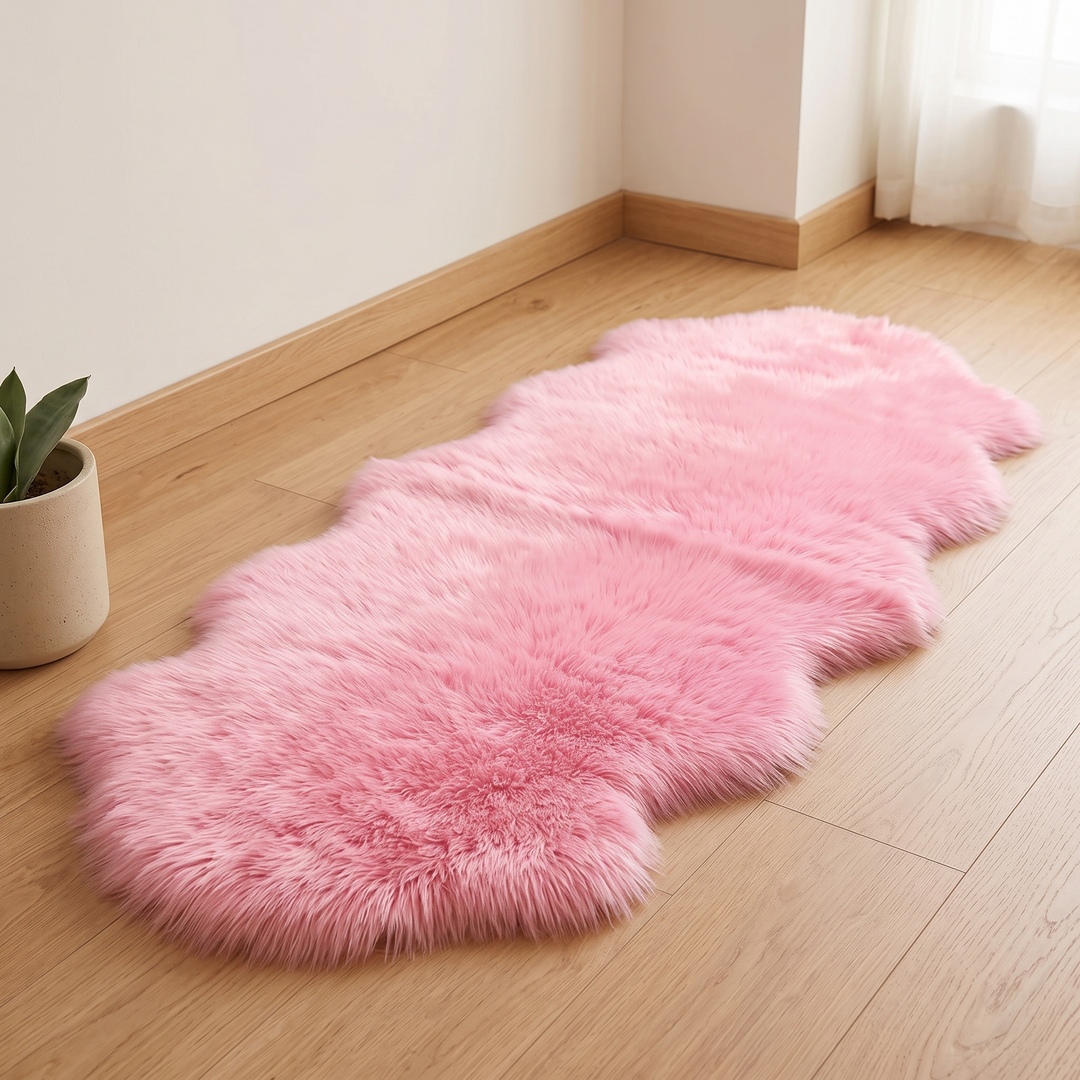 Shaggy Faux Sheepskin Rug in Bubblegum Pink – in an otherwise empty room corner beside a sheer curtain