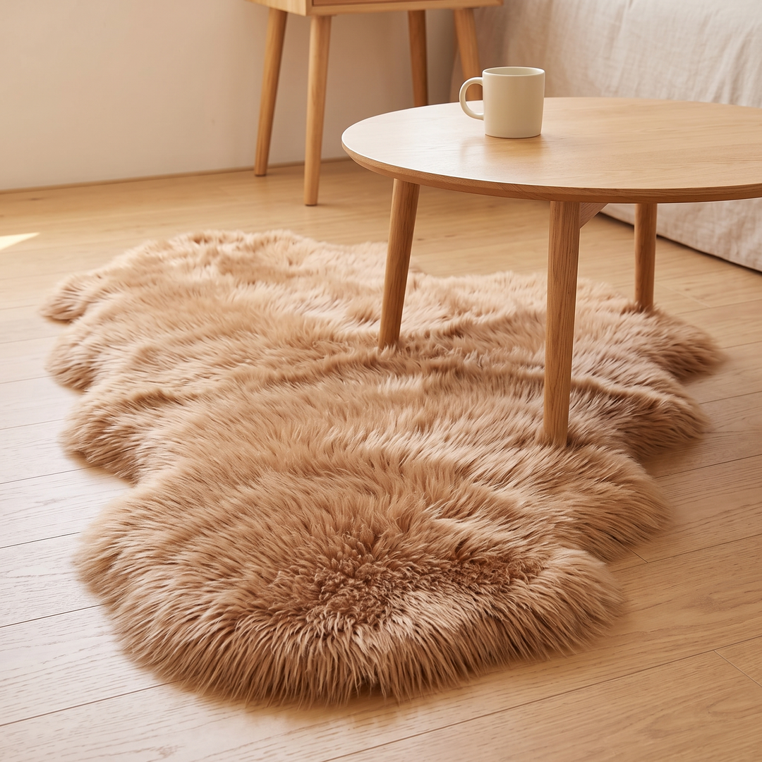 Shaggy Faux Sheepskin Rug in Camel – under a round wooden coffee table with a mug