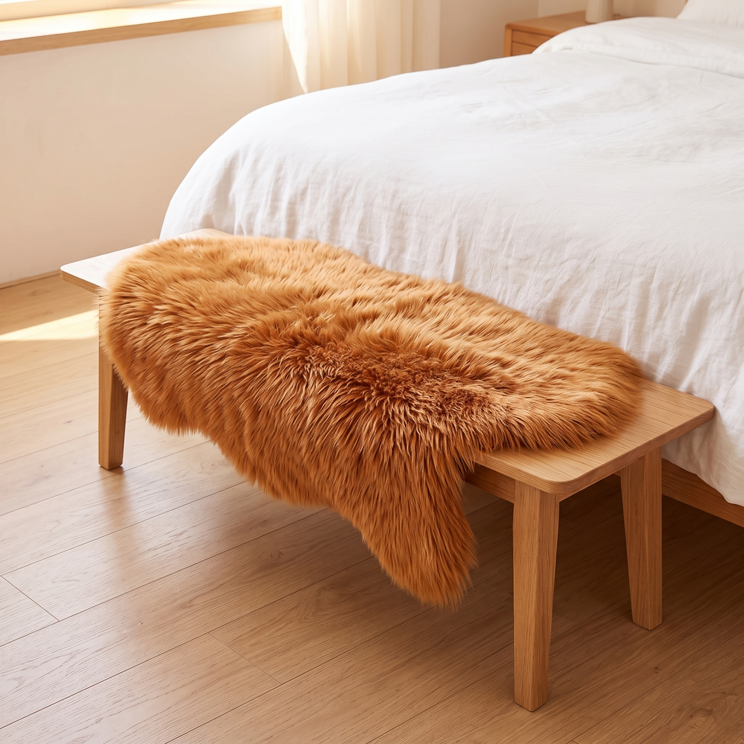 Shaggy Faux Sheepskin Rug in Caramel – draped over a wooden bench at the foot of a bed