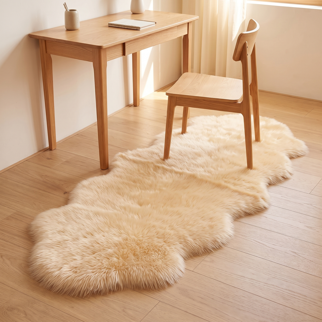 Shaggy Faux Sheepskin Rug in Champagne – under a wooden chair by a desk on hardwood floor