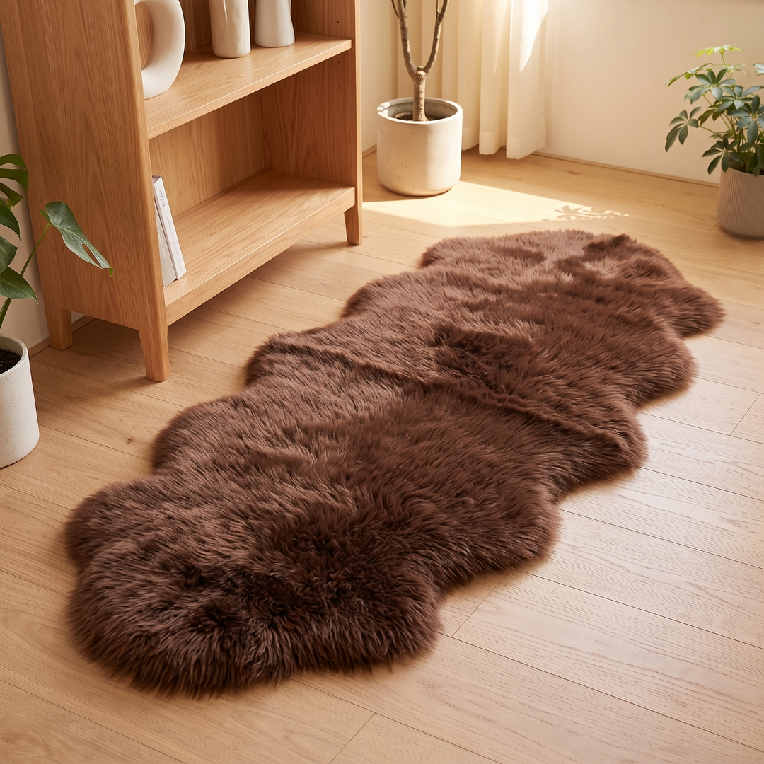Shaggy Faux Sheepskin Rug in Chocolate Brown – full rug on light wood floor beside a bookshelf and potted plants