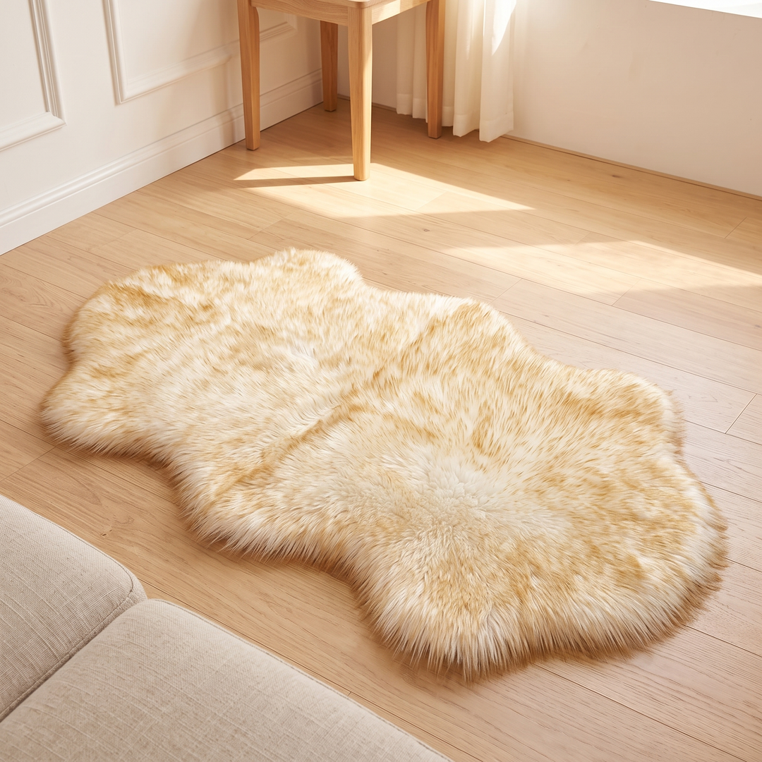 Shaggy Faux Sheepskin Rug in Cream – full rug on plank flooring near a sofa and wooden stool