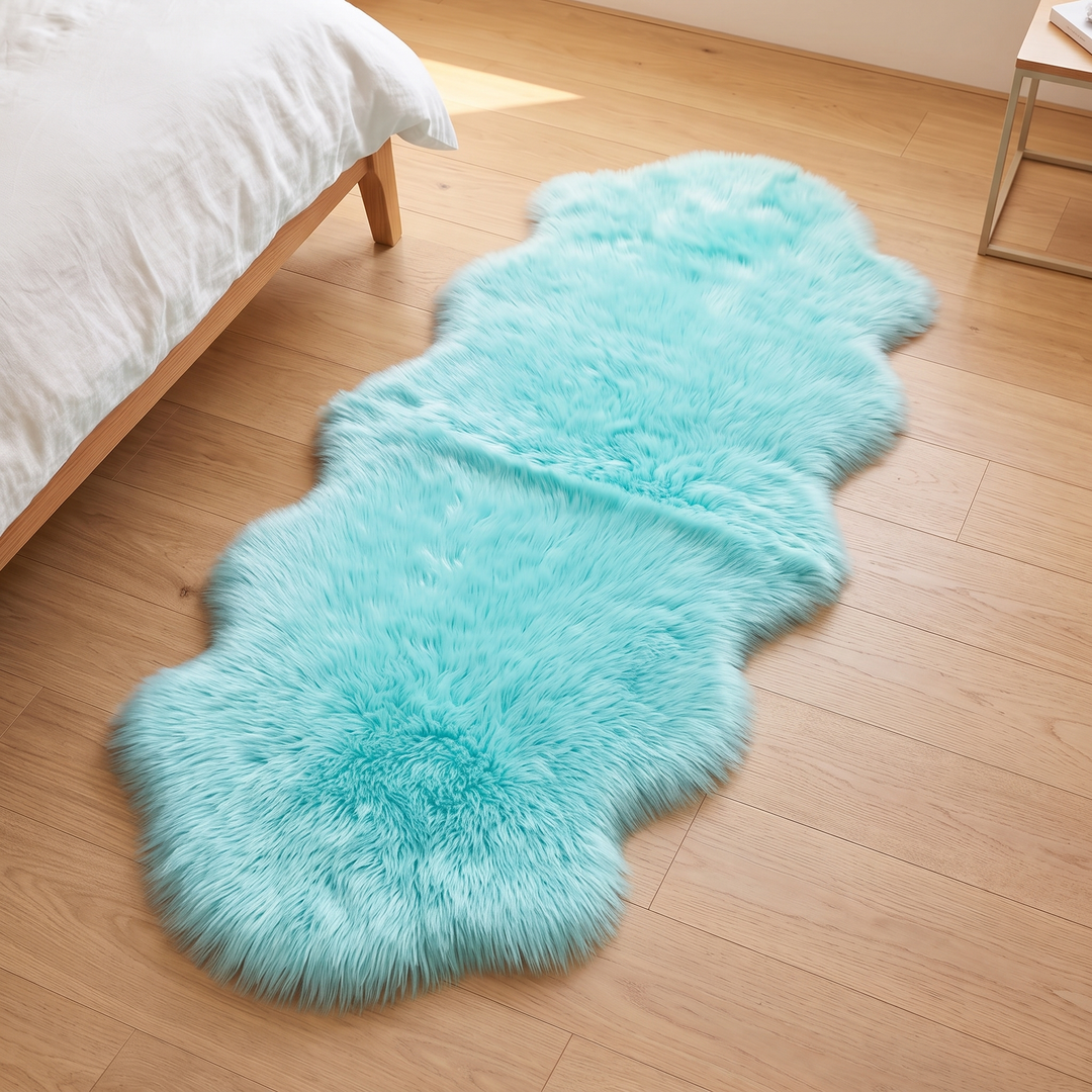 Shaggy Faux Sheepskin Rug in Ice Blue – elongated rug between bed edge and metal-framed side table