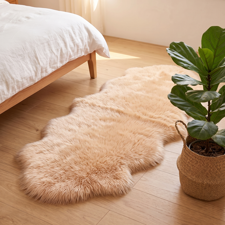 Shaggy Faux Sheepskin Rug in Sand – beside a leafy plant in a woven basket
