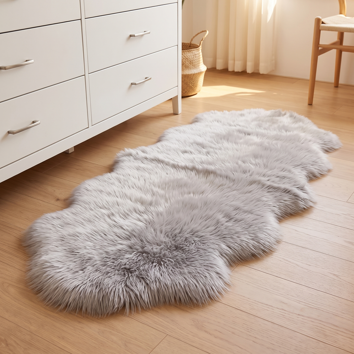 Shaggy Faux Sheepskin Rug in Light Gray – stretched out beside a white dresser on a hardwood floor