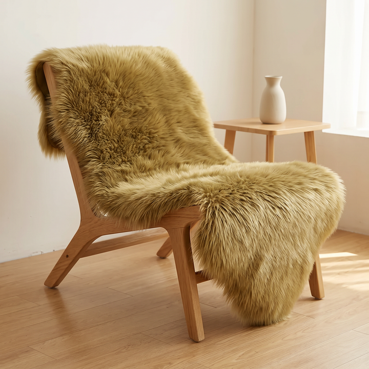 Shaggy Faux Sheepskin Rug in Olive Khaki – draped over a wooden lounge chair beside a side table