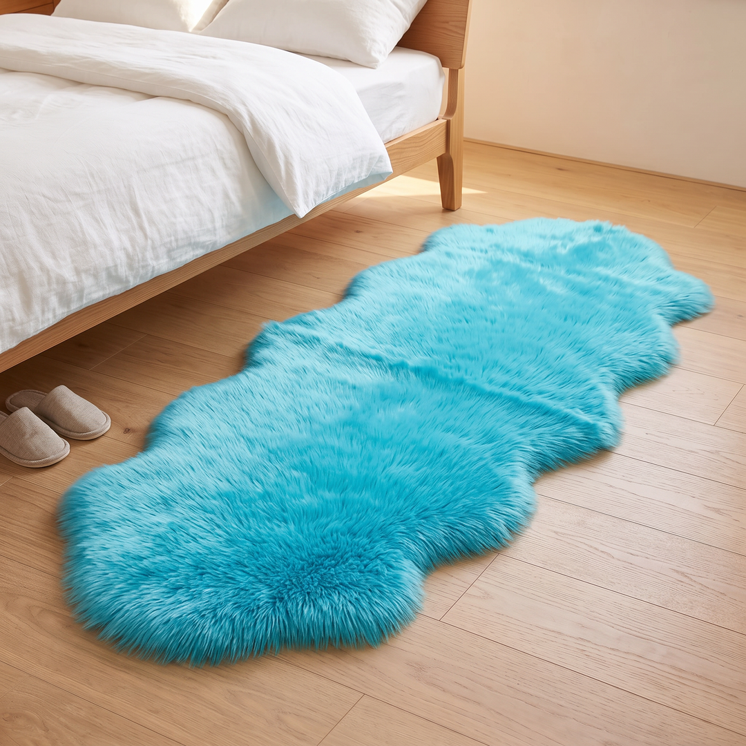 Shaggy Faux Sheepskin Rug in Turquoise – angled view of scalloped outline beside a pair of slippers