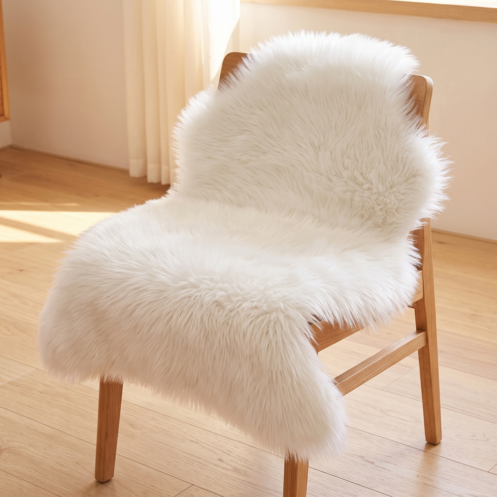 Shaggy Faux Sheepskin Rug in White – draped over a wooden chair in sunlight by a curtained window