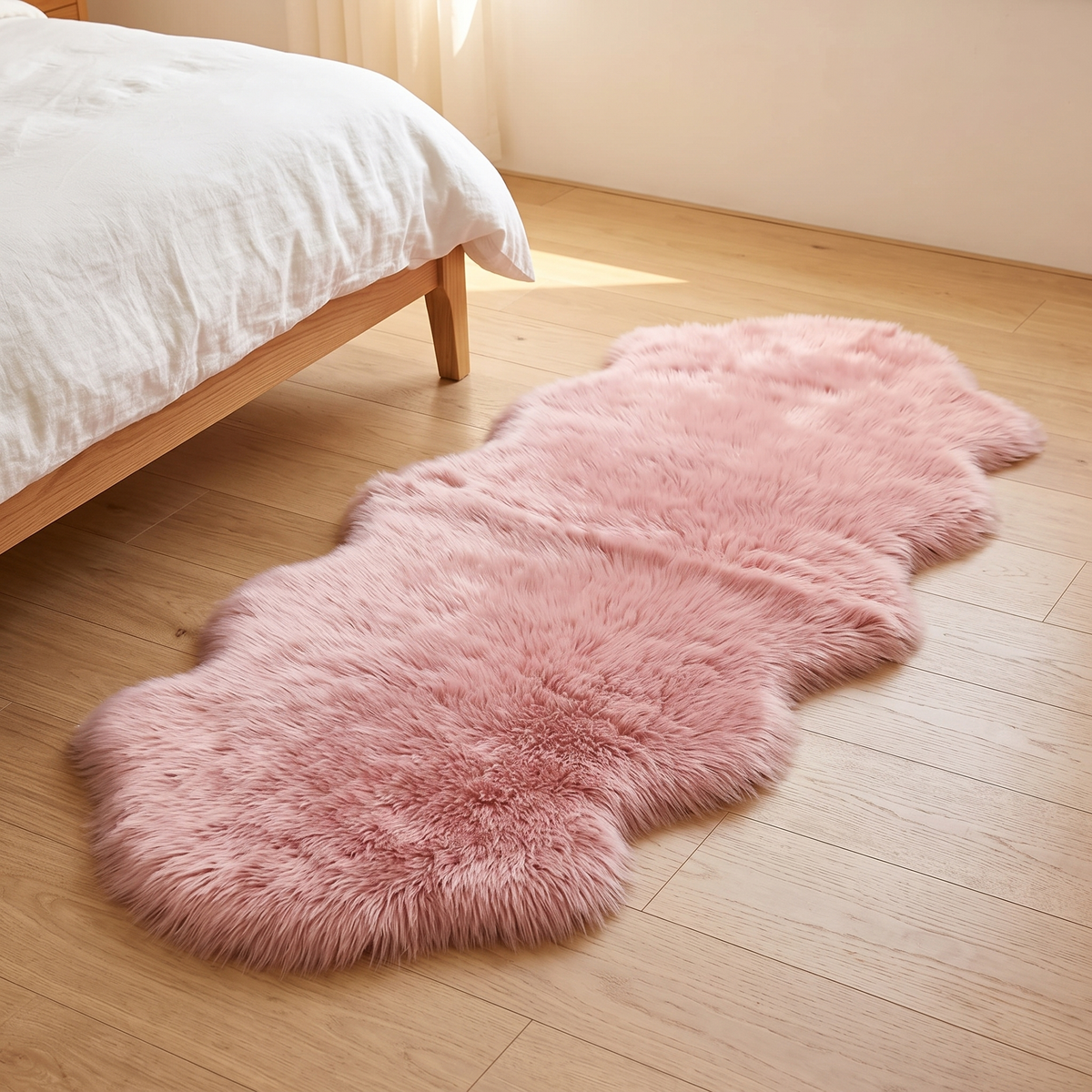 Shaggy Faux Sheepskin Rug in Pink – on a wood floor beside a bed in a sunlit bedroom