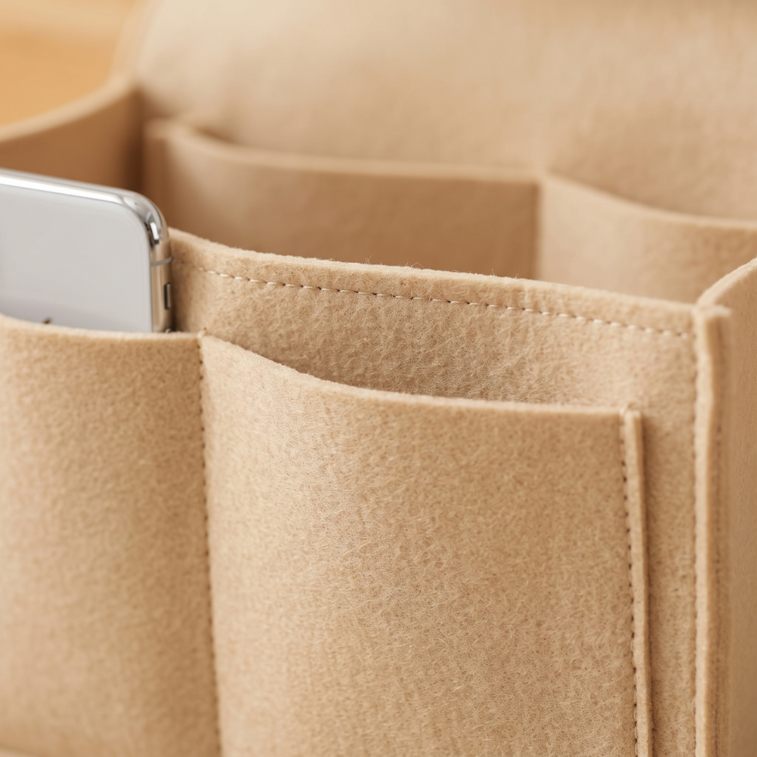 Felt Bedside Caddy – 5 Pockets in Beige – close-up of stitched pockets with a phone tucked in
