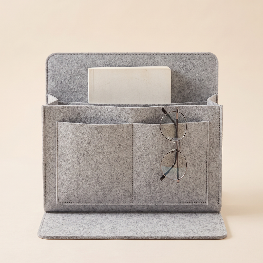 Felt Bedside Caddy – 5 Pockets in Light Gray – front view with flat base panel, glasses hooked on pocket