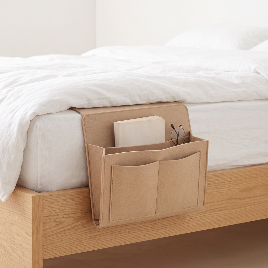 Felt Bedside Caddy – 5 Pockets in Beige – hanging over the side of a wooden bed holding a book and glasses