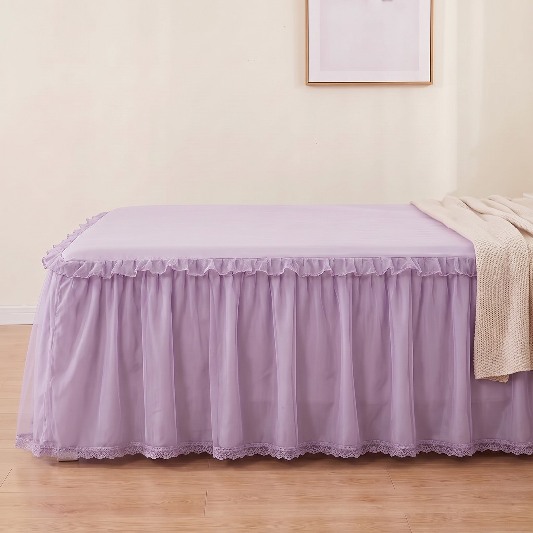 Fitted Ruffled Bed Skirt – Lace Trim in Lavender – knit throw draped over bed, framed art on wall