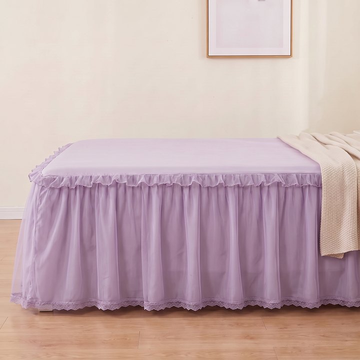 Fitted Ruffled Bed Skirt – Lace Trim in Lavender – knit throw draped over bed, framed art on wall