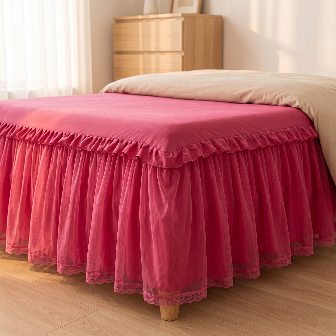 Fitted Ruffled Bed Skirt – Lace Trim in Raspberry Pink – bed corner in front of a wooden chest of drawers