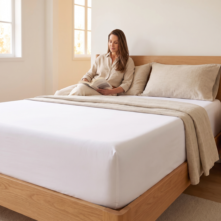 Fitted Sheet in White – woman reading a book propped against pillows on the bed