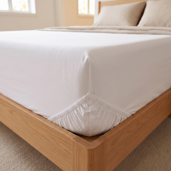 Fitted Sheet in White – close-up of the elasticated corner tucked under a mattress edge