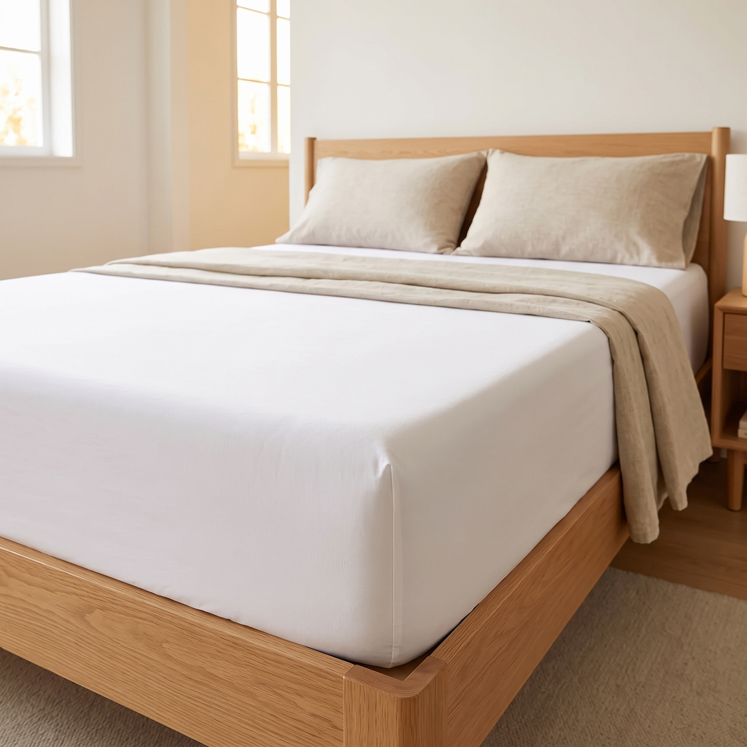 Fitted Sheet in White – on a mattress with an oak bed frame in a bright bedroom