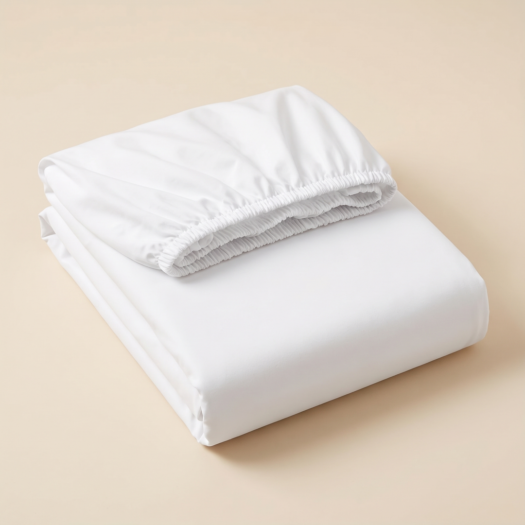 Fitted Sheet in White – folded neatly with elastic edge visible on a plain beige background