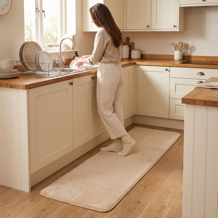 Flannel Kitchen Rug – Cushioned, Non-Slip in Beige – underfoot as a woman washes dishes at the sink