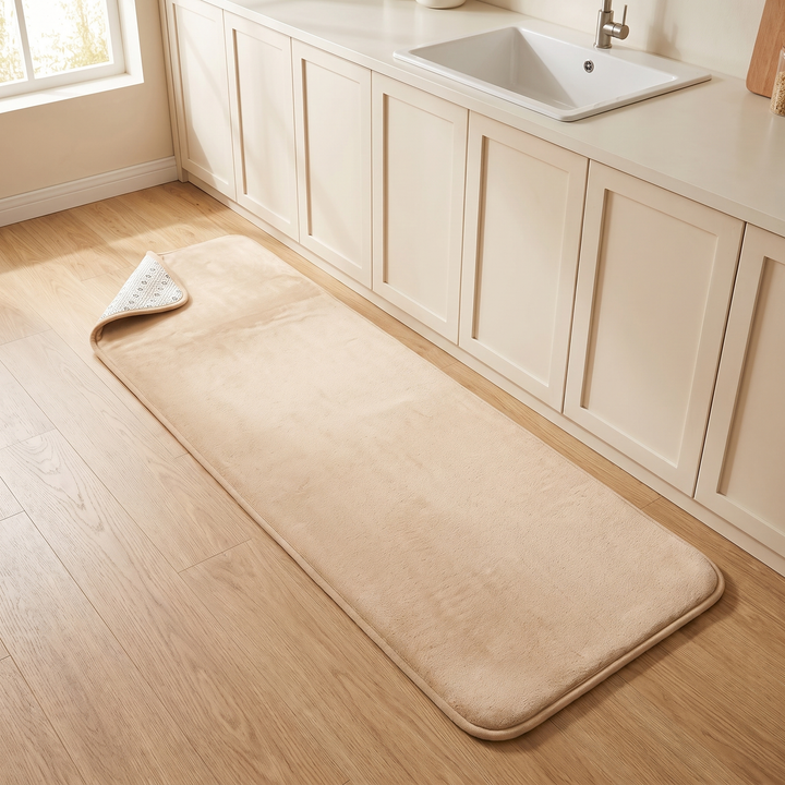 Flannel Kitchen Rug – Cushioned, Non-Slip in Beige – on wood flooring in front of kitchen sink cabinets