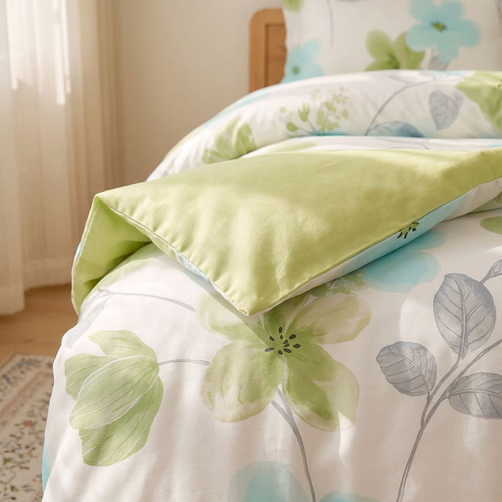 Floral Cotton Duvet Cover Set in Green Botanical – close-up of the folded-back cuff and floral print