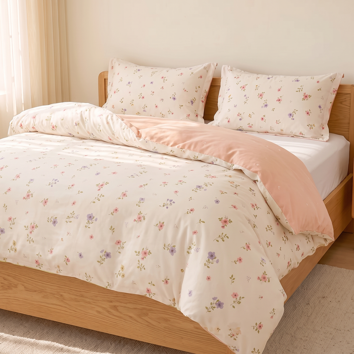 Floral Cotton Duvet Cover Set in Cream Ditsy Floral – angled corner view with two matching pillows and a rug