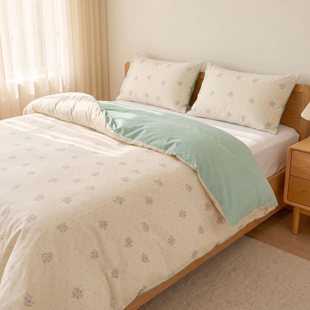 Floral Cotton Duvet Cover Set in Cream Floral – duvet turned down to show solid reverse beside wooden nightstand