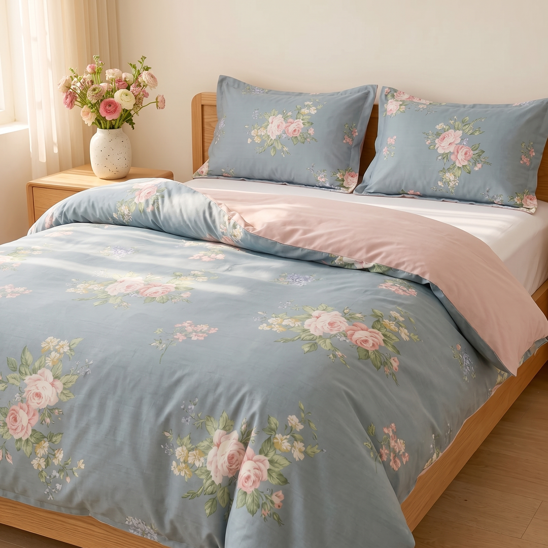 Floral Cotton Duvet Cover Set in Dusty Blue Floral – dappled sunlight across the duvet with a flower vase behind