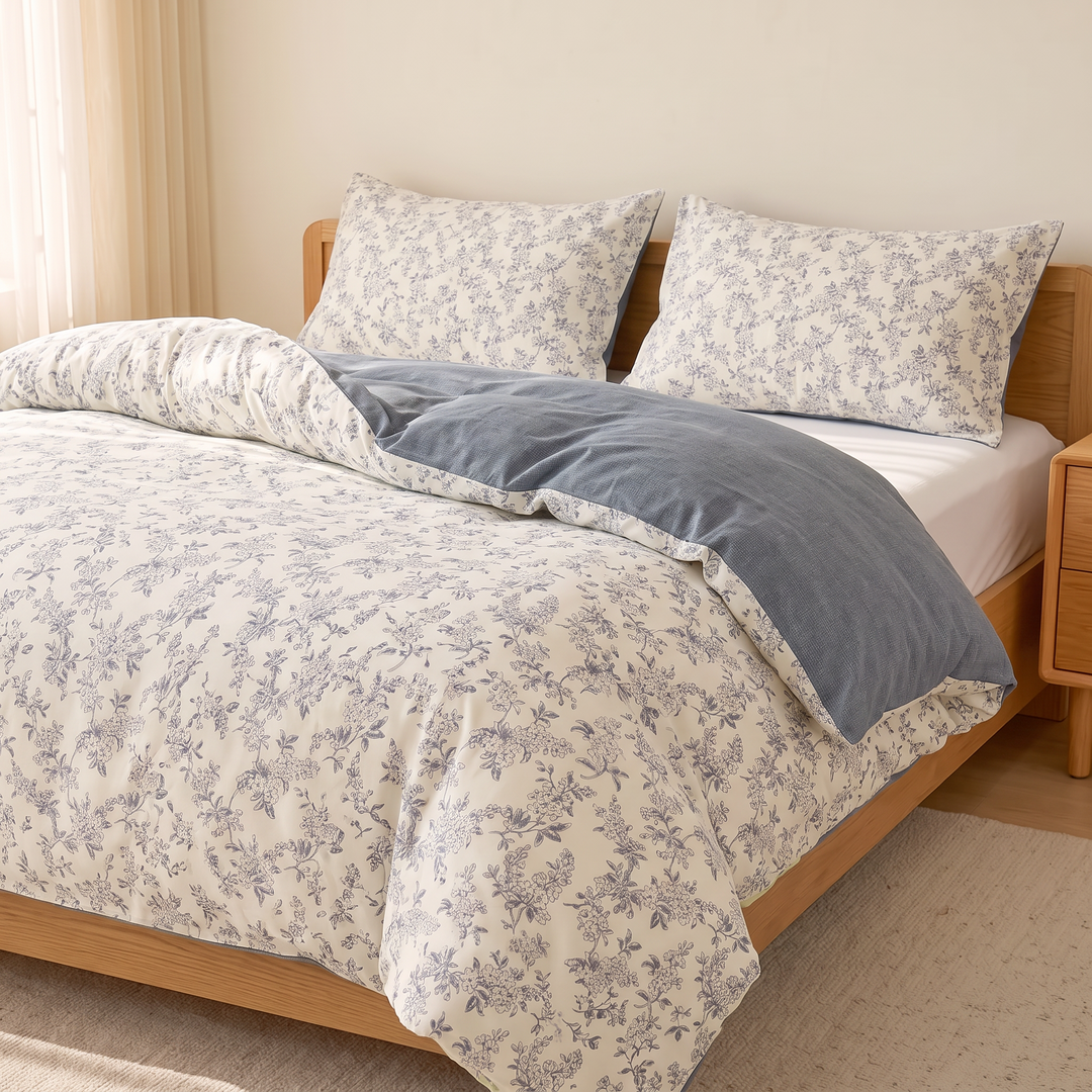 Floral Cotton Duvet Cover Set in Gray Floral – side view of bed beside sheer curtains and window light