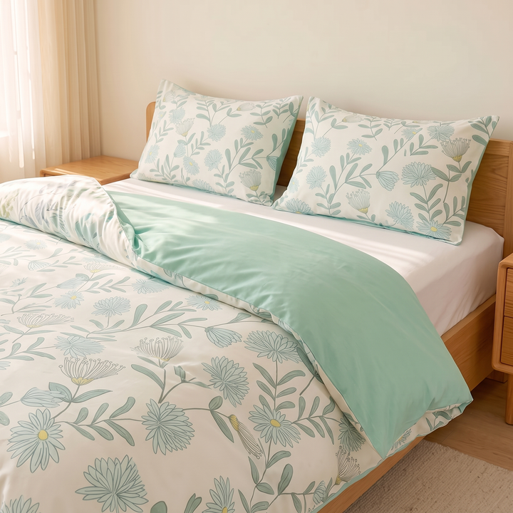 Floral Cotton Duvet Cover Set in Mint Floral – pillows propped against wooden headboard above white fitted sheet