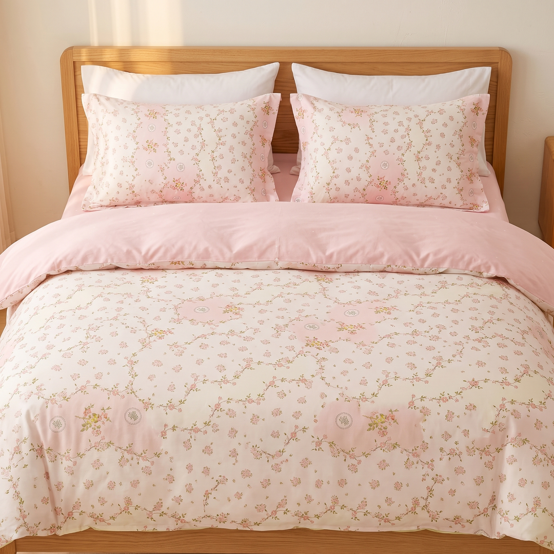 Floral Cotton Duvet Cover Set in Pink Floral – straight-on view with patterned shams layered over plain pillows