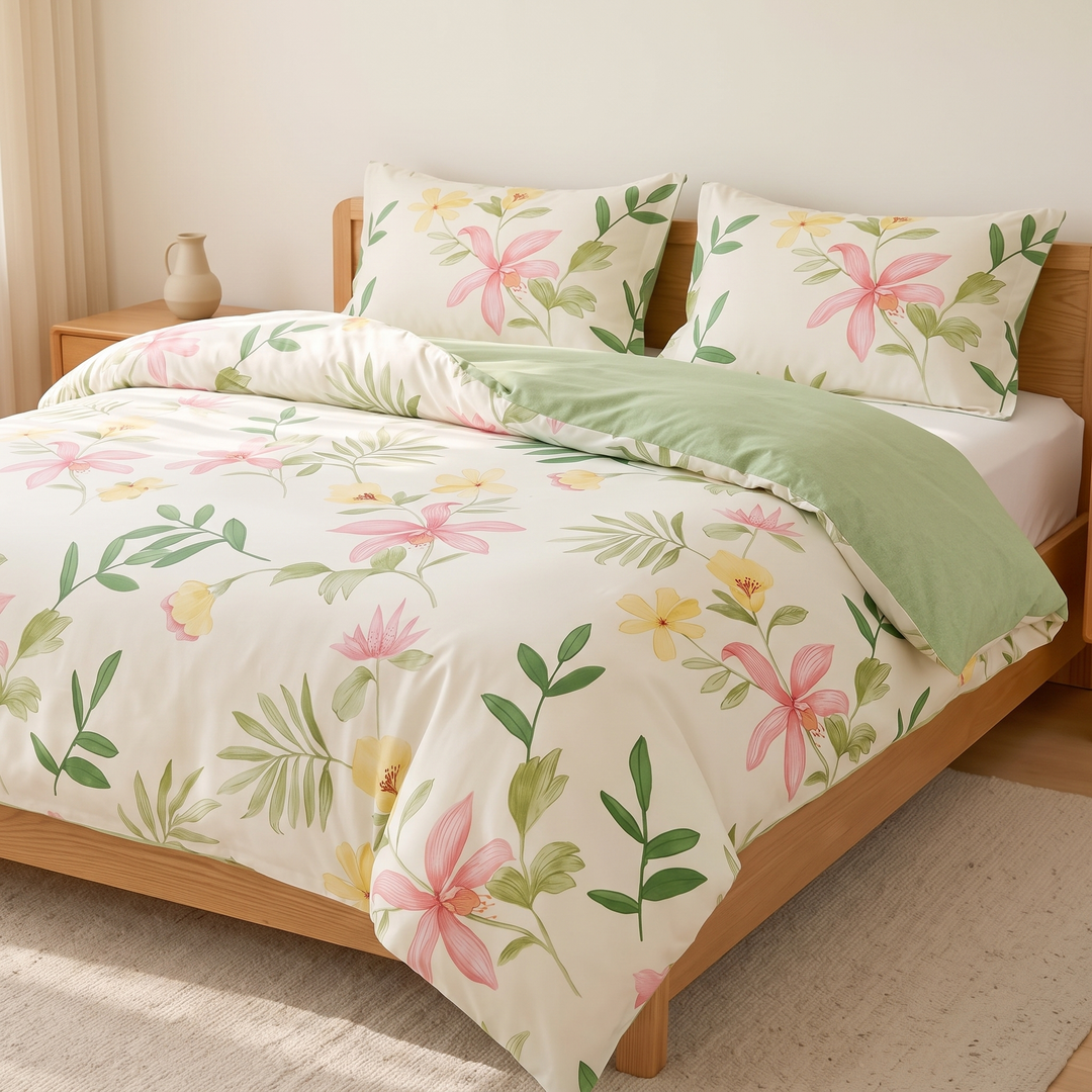 Floral Cotton Duvet Cover Set in Pink Lily Floral – colour view of the full set