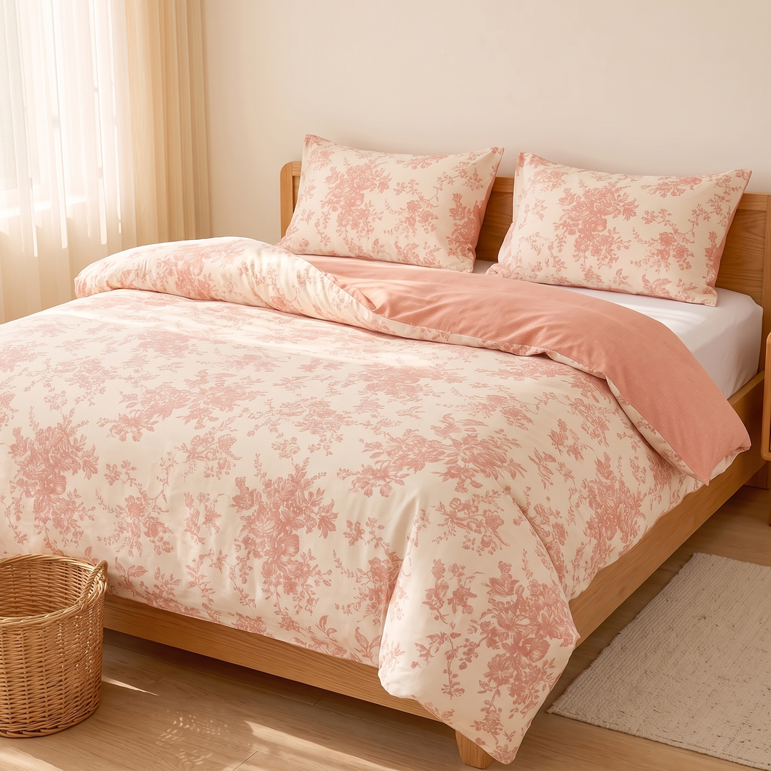 Floral Cotton Duvet Cover Set in Pink Toile – woven basket in foreground beside oak bed on wood floor