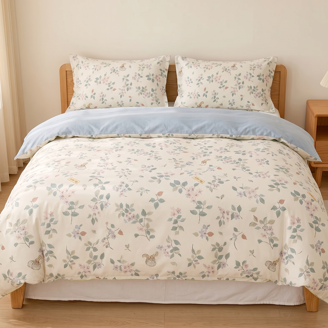 Floral Cotton Duvet Cover Set in Sage Floral – centered foot-of-bed view with duvet draping over white bed skirt