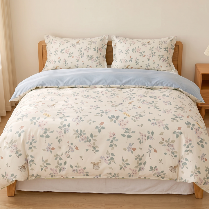 Floral Cotton Duvet Cover Set in Sage Floral – centered foot-of-bed view with duvet draping over white bed skirt