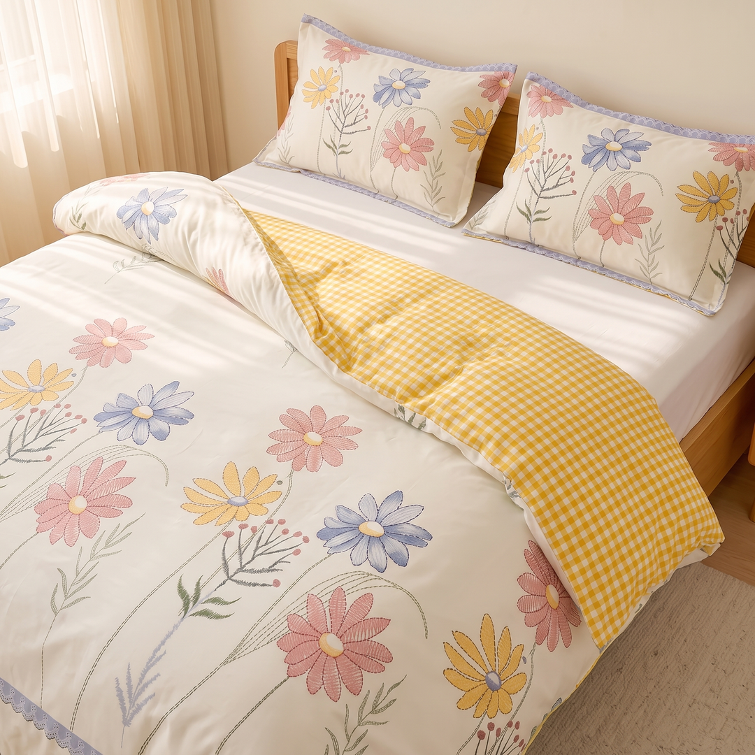 Floral Cotton Duvet Cover Set in White Wildflower – high-angle view of fold revealing yellow gingham reverse
