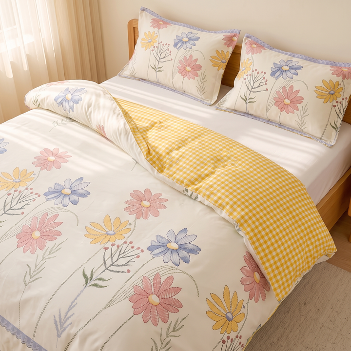 Floral Cotton Duvet Cover Set in White Wildflower – high-angle view of fold revealing yellow gingham reverse