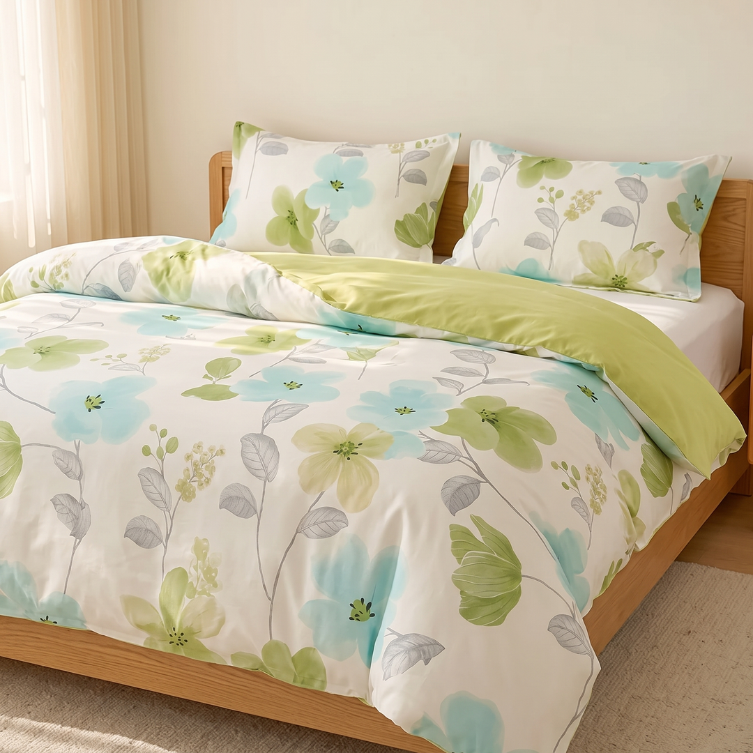 Floral Cotton Duvet Cover Set in Green Botanical – on a made bed with wooden frame in a sunlit bedroom