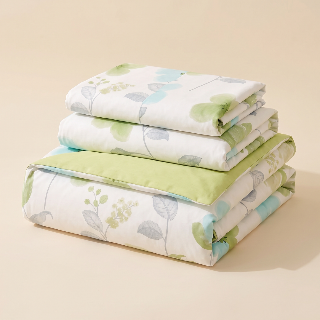 Floral Cotton Duvet Cover Set in Green Botanical – folded stack of three pieces on a plain beige background