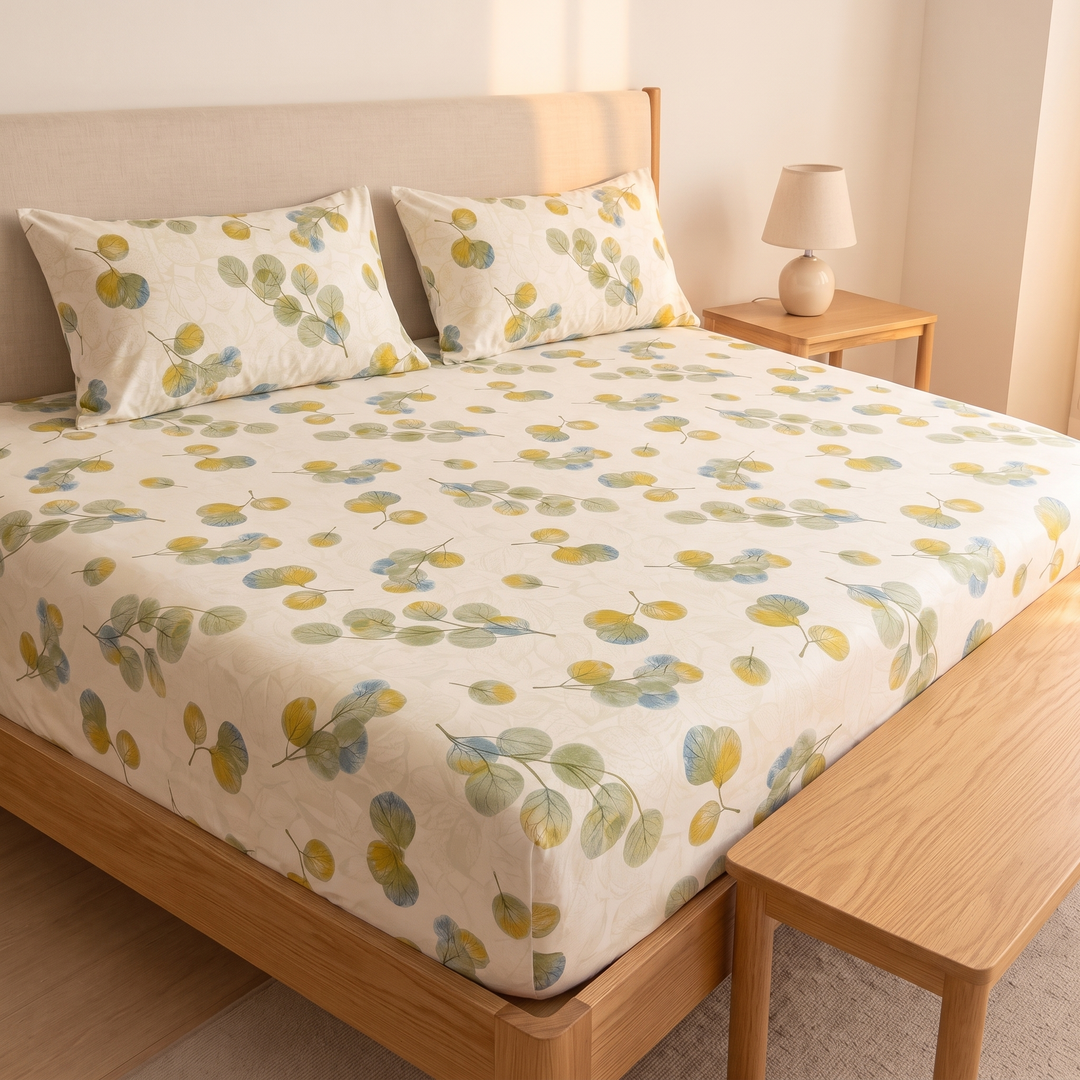 Floral Cotton Fitted Sheet Set with 2 Pillowcases in Cream – Eucalyptus – side view with wooden bench in foreground