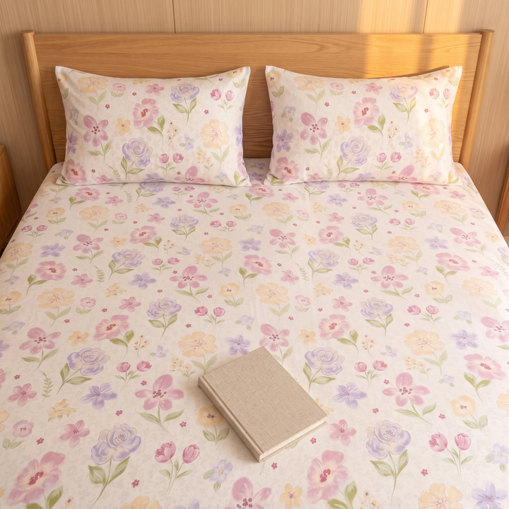 Floral Cotton Fitted Sheet Set with 2 Pillowcases in Cream – Garden Flowers – overhead view of a made bed with a closed book