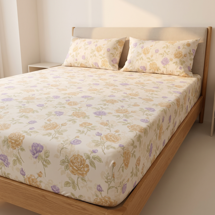 Floral Cotton Fitted Sheet Set with 2 Pillowcases in Cream – Vintage Roses – stretched over a mattress in a sunlit room, corner angle