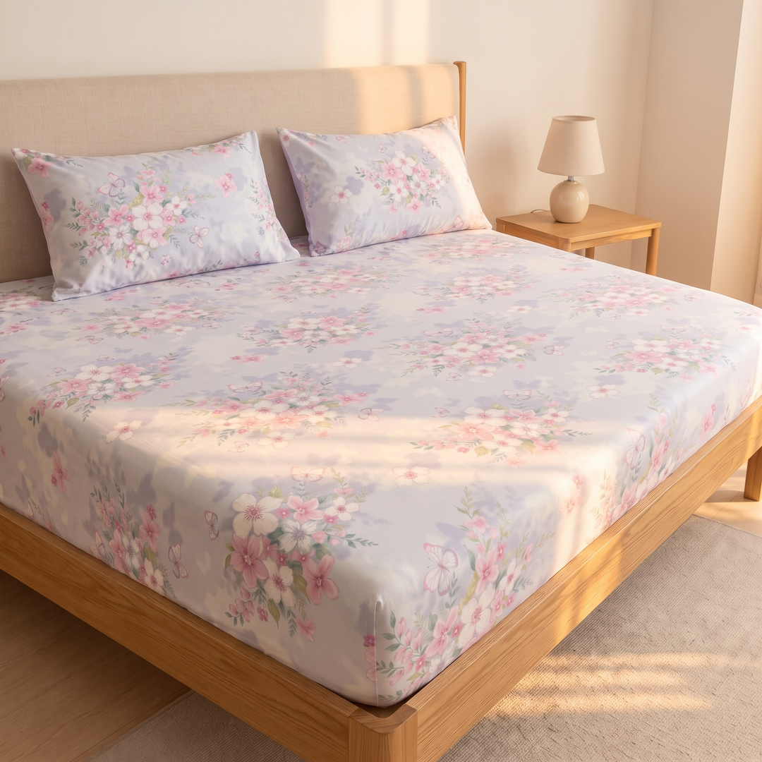 Floral Cotton Fitted Sheet Set with 2 Pillowcases in Light Blue – Blossom – warm sunlight streaks across the sheet and pillows