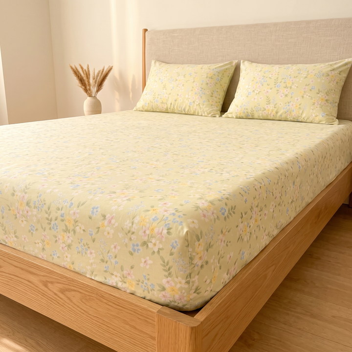Floral Cotton Fitted Sheet Set with 2 Pillowcases in Light Yellow – Ditsy Floral – on a bed with dried grasses in a vase nearby