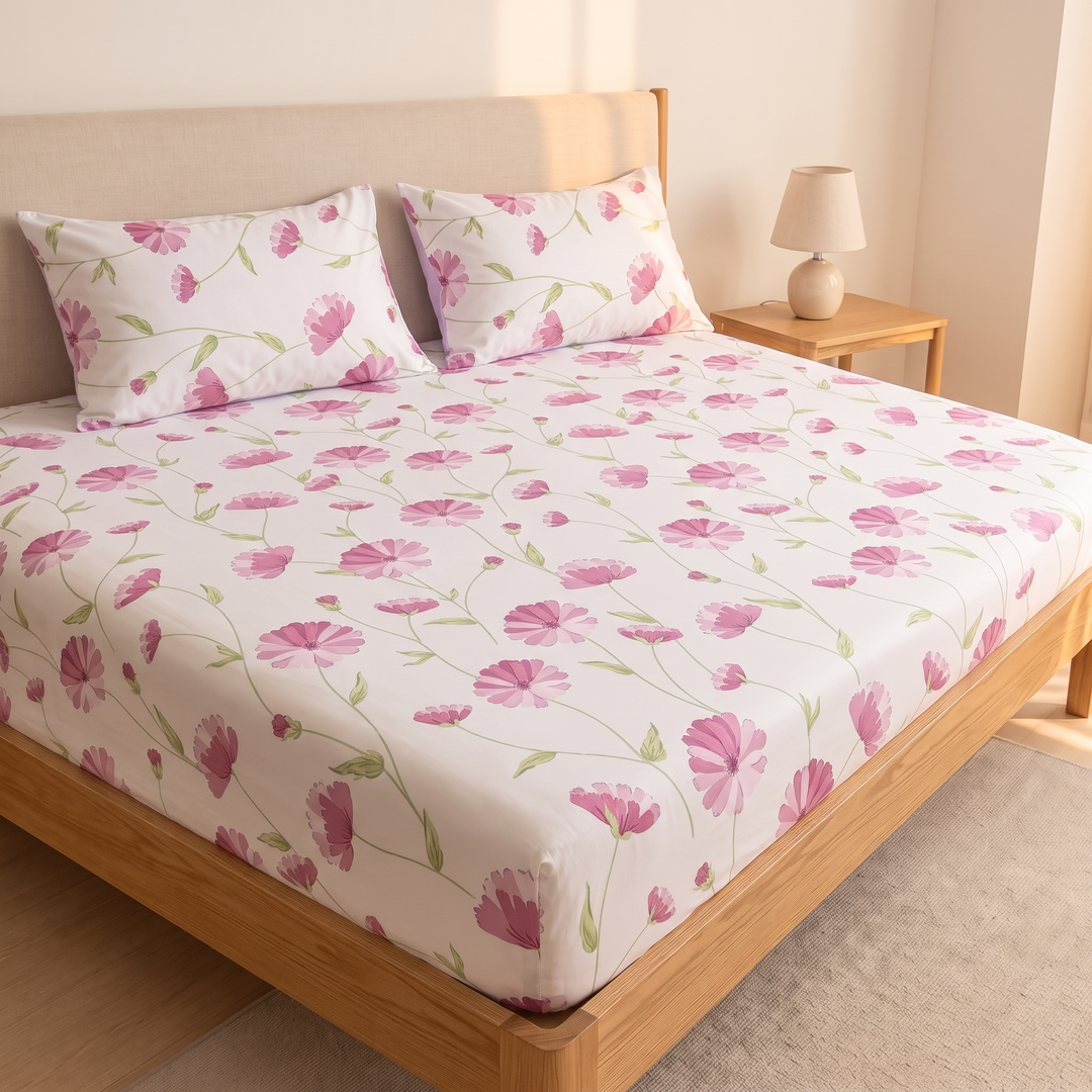 Floral Cotton Fitted Sheet Set with 2 Pillowcases in White – Cosmos – three-quarter view with beige headboard, table lamp and rug