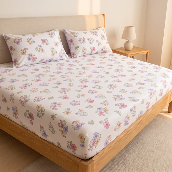 Floral Cotton Fitted Sheet Set with 2 Pillowcases in White – Wildflowers – on a wooden bed with two matching pillows beside a nightstand