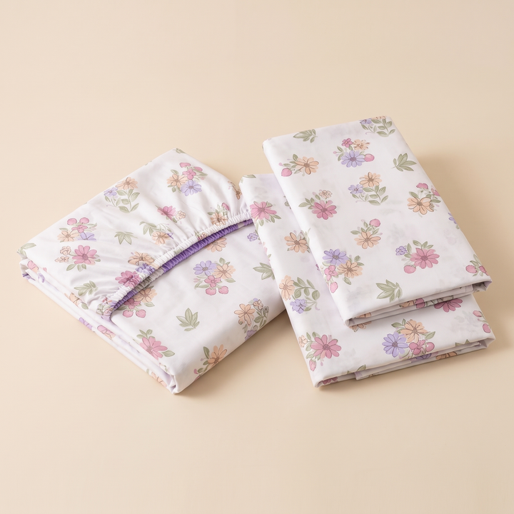 Floral Cotton Fitted Sheet Set with 2 Pillowcases in White – Wildflowers – folded stack with two pillowcases on a plain beige background